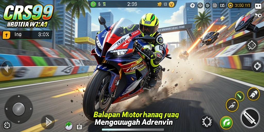 Screenshot menampilkan aksi balapan motor yang mendebarkan di CRS99.