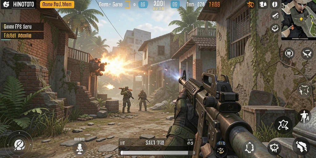 Screenshot gameplay HINOTOTO menampilkan aksi menembak yang intens.