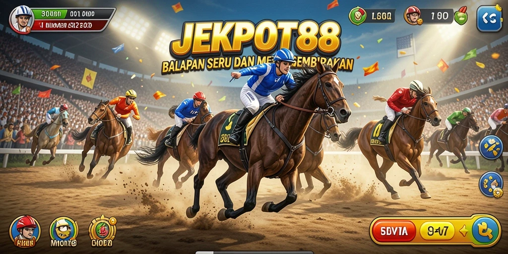 Screenshot gameplay JEKPOT88 menampilkan balapan mendebarkan di trek seru.