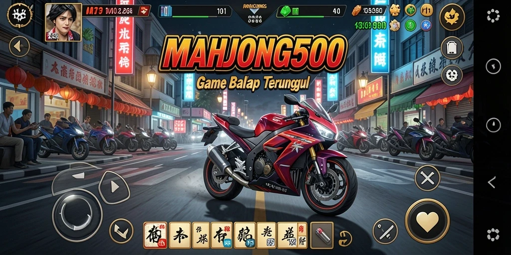 Gameplay MAHJONG500 menampilkan aksi balap motor yang mendebarkan.