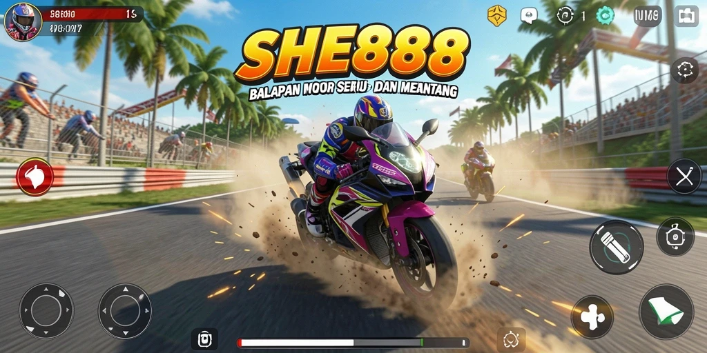 Layar utama SHE888 menampilkan aksi balap motor yang mendebarkan.
